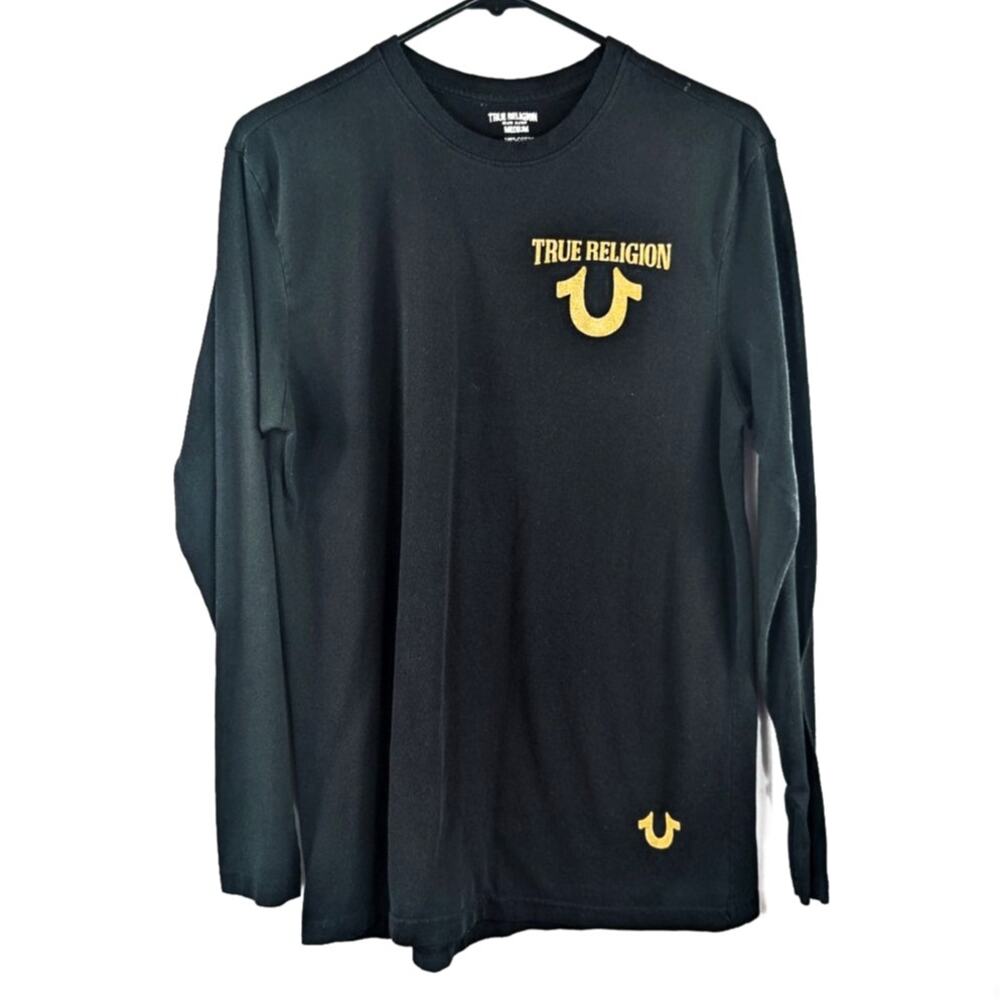 True Religion Brand Jeans Mens Medium Black Gold Horseshoe Logo Long Sleeve Tee
